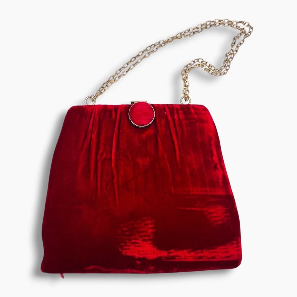 Vintage 1950s Red Velvet Evening Bag Gold Chain Strap Holiday Clutch Accessory